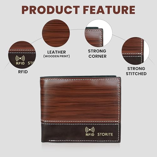 Image of Storite Men's Leather RFID Blocking Bifold Wallet - Slim Purse for Gents with Multiple Card Slots, Coin Pocket & ID Window - Gift for Men - D Wooden (11.5 x 2 x 9.5 cm)