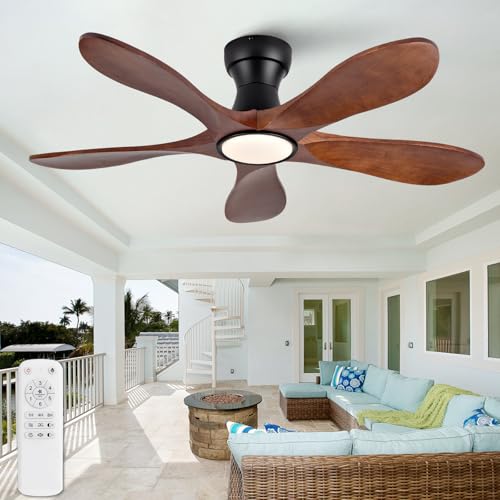 Image of 42 Inch Flush Mount Ceiling Fans with Lights and Remote, Dimmable 5 Blade Wood Outdoor Ceiling Fan Outdoor Fans for Patios Low Profile Modern Ceiling Fan with Light for Bedroom Living Room