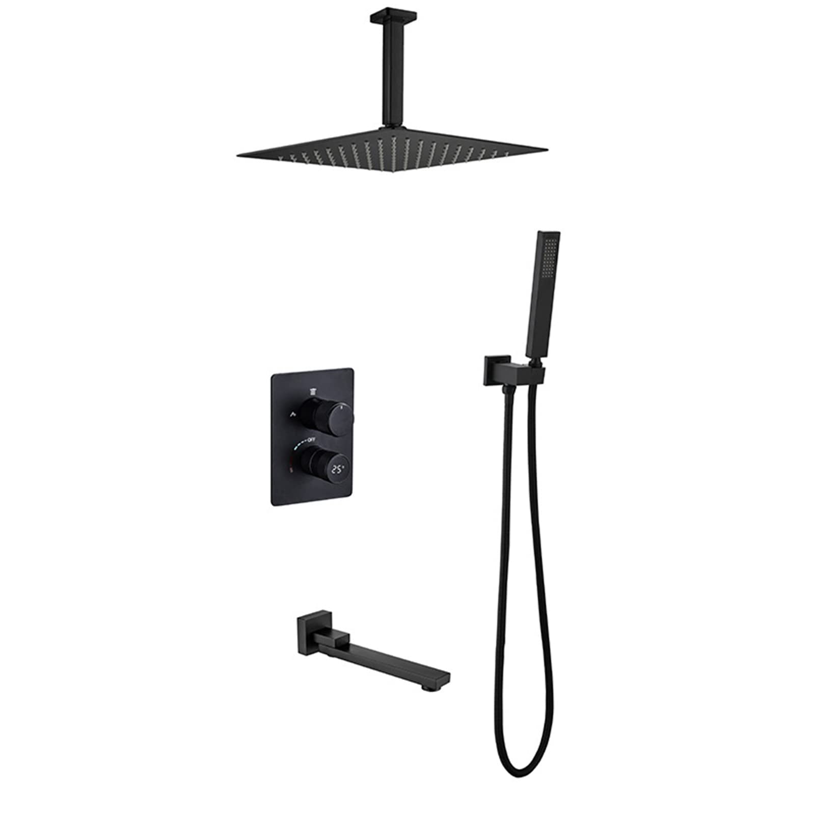 Miscelatore Doccia a Parete Nero Caldo e Freddo Nascosto, Miscelatore Doccia a Pioggia da 10 Pollici per Montaggio a soffitto, Set Bagno, b-bifunzionale (B Tre funzioni)