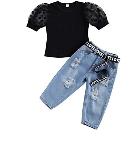 Little Toddler Baby Girl Lace Puff Short Sleeve T-Shirt Tops Ripped Jeans Denim Pants Letter Belt Kids Girls Clothes Set (Black+Belt, 3-4 Years)