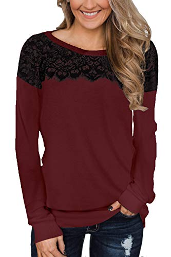 For G And Pl Women Cotton Loose Fit Lace Sweatshirt Long Sleeve Casual Elegant Color Block Plain Blouse Maroon L #TOP15