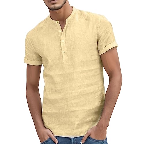 HELLORSOON Camicia in Lino Uomo Camicie Slim Fit Elegante Bianco Camicia Estiva Estate Maniche Corte Casual