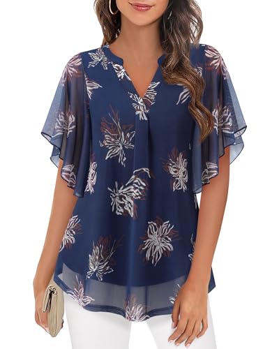 Image of Timeson Women's Short Sleeve V Neck Blouses Shirts Floral Double Layers Mesh Tunics Tops