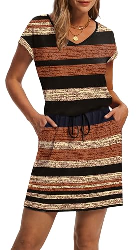 Image of OFEEFAN Summer Dresses for Women 2026 V Neck T Shirt Casual Mini Dresses Tie Waist Sundresses with Pockets