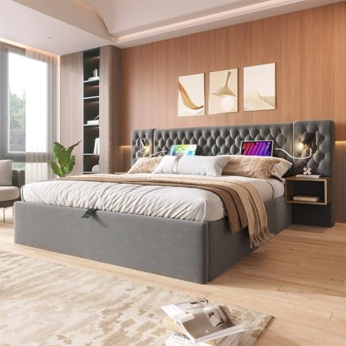 Cama tapizada hidráulica con espacio de almacenamiento cama doble 180 x 200 cm con 2 mesitas de noche, cabecero de luz de lectura con función de carga USB, 241 x 210 x 105 cm, gris, terciopelo (sin
