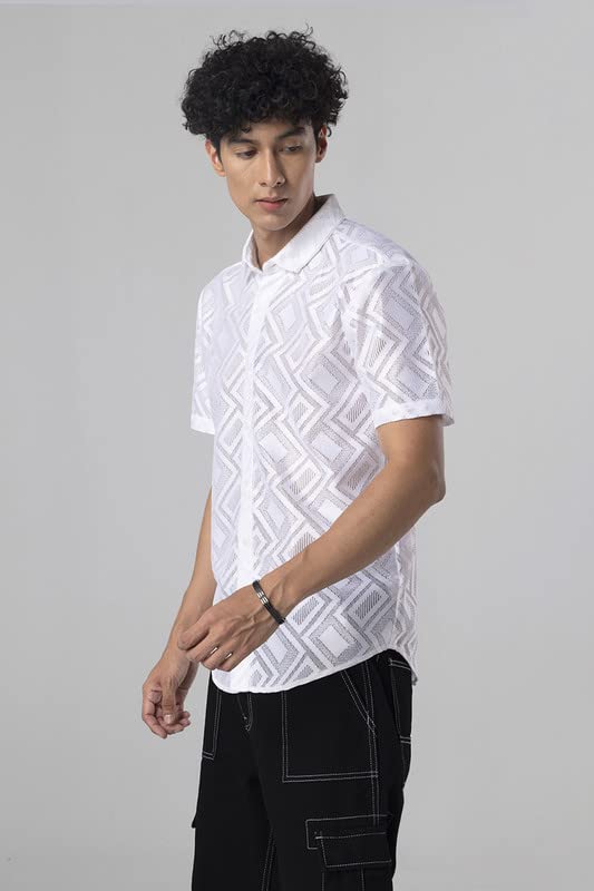 Image of SNITCH Hawaiian Hakoba Rectangle White Shirt Slim Fit Shirt