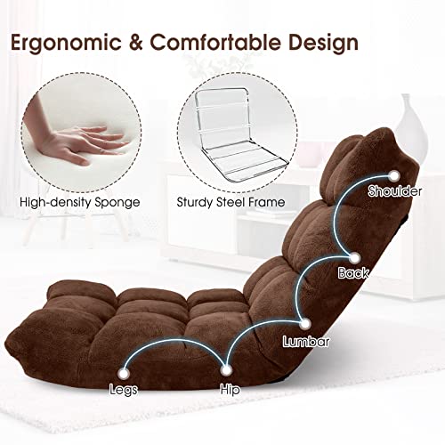 Image of Giantex Folding Sofa Chair with 14 Adjustable Positions, Padded Sleeper Bed, Couch Recliner, Gaming Floor Chair for Adults (Brown)