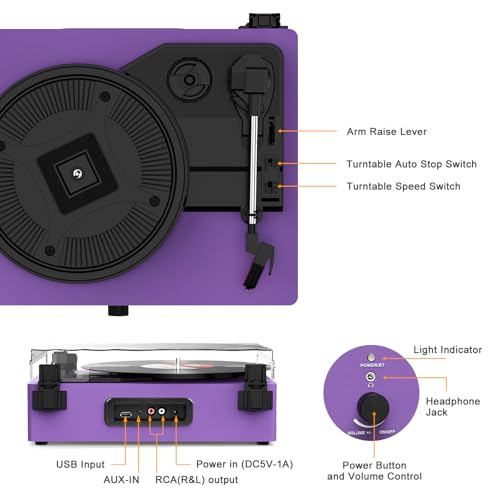 Image of Vinyl Record Player with Built-in Speakers and USB,Belt-Driven Bluetooth Turntable with 3 Speed AUX Input Headphone Jack and RCA Output Vintage Wooden Purple