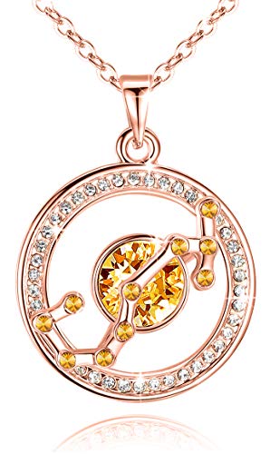 Leafael "Superstar Zodiac Constellation Pendant Necklace Made with Premium Crystal October November Birthstone Sapphire Blue Horoscope Jewelry, Scorpio, 14k Rose Gold Plated, 18"+2"