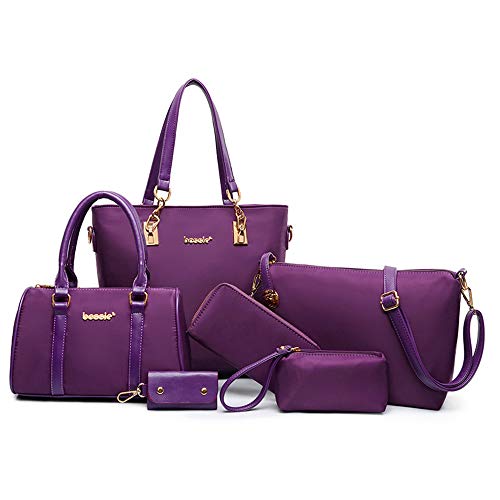 AlwaySky Nylon Damen Schultertasche Henkeltaschen Handtasche Tote Geldbörse Brieftasche Schlüsselfall Sechsteiliges Set lila