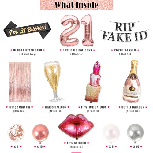 Image of PartyForever 21st Birthday Decorations for Her RIP FAKE ID Banner with Supplies Big Set with and 21 BDay Digit Balloons for Women with Black Glitter Sash