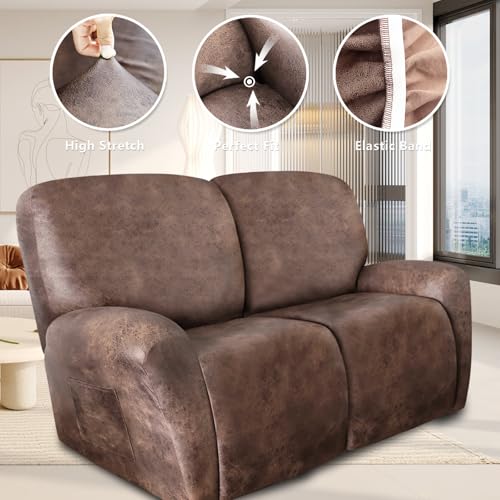 Image of ANARACHON Loveseat Recliner Cover Leather Look Recliner Loveseat Covers Recliner Sofa Cover for 2 Seater Reclining Couch Spandex Fabric Washable 6 Pieces (2 Seater, 02 Light Brown)