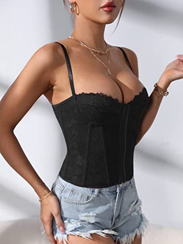 Makemechic Women's Lace Bustier Corset Top Spaghetti Strap Criss Cross Cami Crop Top Black S #TOP3