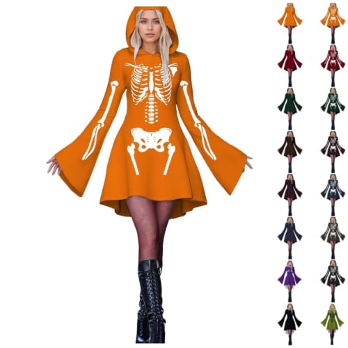 XINGJIAARTS Halloween Dresses for Women Long Sleeve Hooded Witch Dress Skeleton Gothic Funny Cosplay Party Y2k Costume 2026 Orange Small - image 1