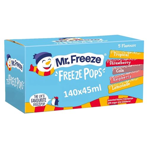 Mr Freeze Multipack Freeze Pops (140 x 45ml) Assorted Fruit Flavour Raspberry Strawberry Cola Lemonade Tropical Summer Ice Lolly Snack Treat with Welari Thank You Card | (1pack) (6300ml)