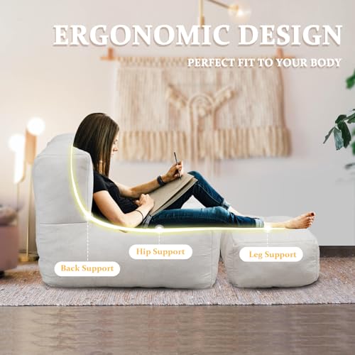 Rumiiro Bean Bag Chair with Ottoman for Adults Teens Kids, Lazy Comfy Velvet Bean Bag Couch with Memory Sponge Filler, Ultra Soft Fluffy Bean Bag Sofa Chair for Living Room Bedroom Apartment (White)