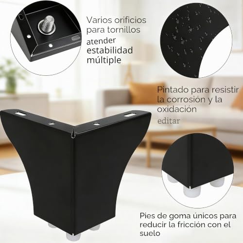 Patas para sofás con soporte triangular negro y 32 tornillos para máxima estabilidad 4