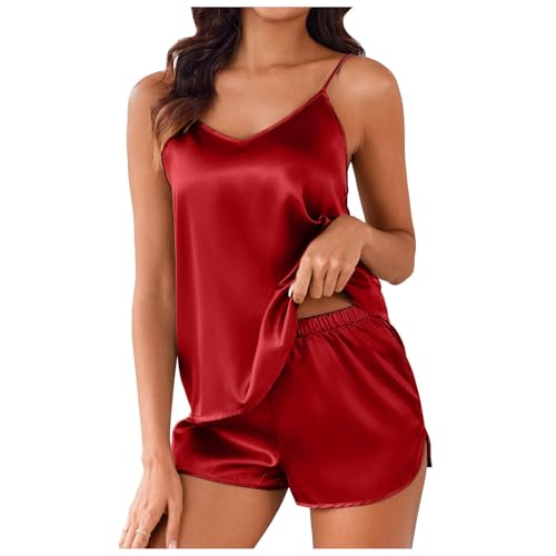 Generisch Exquisito conjunto de pijama de seda de lujo con cuello en V para mujer, pantalones cortos para ropa de dormir sensual, Vino, M