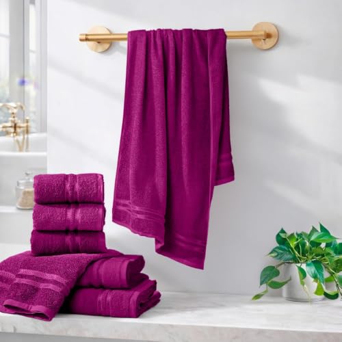 Image of 100% Cotton Terry Ultrasoft and Quick Absorbent 380 GSM Solid 6 pcs. Quick Dry Bath Towel Set for Bathroom or Gifting Towel Set (Magenta)