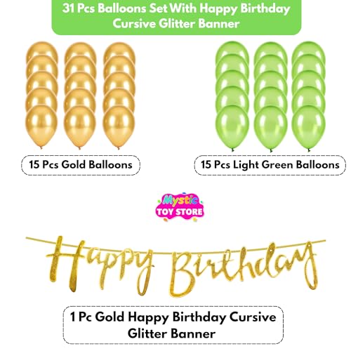 Image of Happy Birthday Decoration Kit for Baby Teenage Girls Men Women Adults Home Table Year With 30 Pc Light Green Gold Balloons 1 Pc Golden Happy Birthday Cursive Banner Items Set Combo