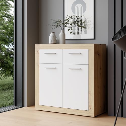 Forte BACCIO Kommode 80 85, modernes Sideboard für Wohn-/Schlafzimmer, 2-türig, 2 Schubladen, Holzwerkstoff, Artisan Eiche Holzdekor|Weiß, 152,7 cm breit x 85,5 cm hoch x 41 cm tief Forte BACCIO Kommode 80 85, modernes Sideboard für Wohn-/Schlafzimmer, 2-türig, 2 Schubladen, Holzwerkstoff, Artisan Eiche Holzdekor|Weiß, 152,7 cm breit x 85,5 cm hoch x 41 cm tief