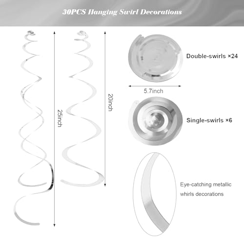 Image of Party Swirl Decorations Hot Pink Shinny Foil Hanging Swirl Decorations Plastic Streamer for Ceiling Plastic Streamer for Party Decorations Metallic Hanging Swirl Pack of 30 (Sliver)