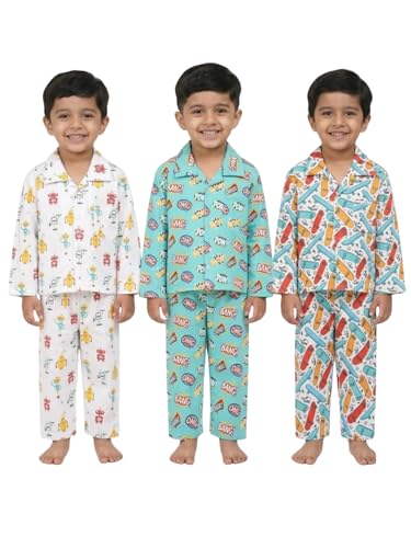 Image of The Mom Store Kids Cotton Night Suit for Boys and Girls | Breathable Night Dress for Kids Boys and Girls | Printed Nightsuit Pajama Set | Comfortable All-Season Sleepwear for Daily Use | Combo Set