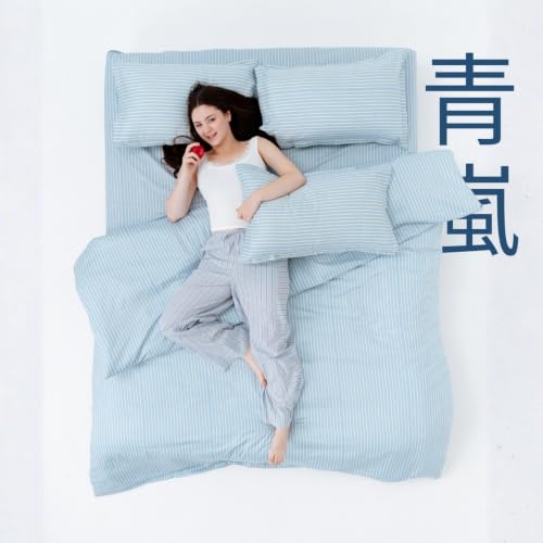 Image of Haus & Kinder Double Bed Bedsheet 90 x 100 | 186 TC Pure Cotton Bed Sheet Double Bed with 2 Pillow Covers | Queen Size Bed Sheet | Seiran Stripe Blue Breeze