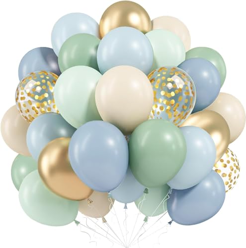 Ballons Bleu Vert Gold, 60 Pièces Latex Ballon de Baudruche Vert Bleu, 12 Pouces Bleus Verts Confettis Dorés Helium Ballon de Fête pour Anniversaire Mariage...