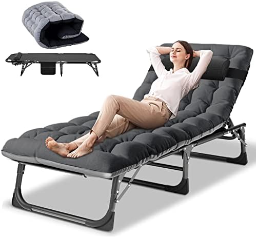 DoCred Folding Lounge Chair with Mattress, 4 Position Adjustable Folding Sleeping Bed Cot Chaise Lounge Chairs Perfect for Sunbathing, Camping, Pool, Beach, Patio
