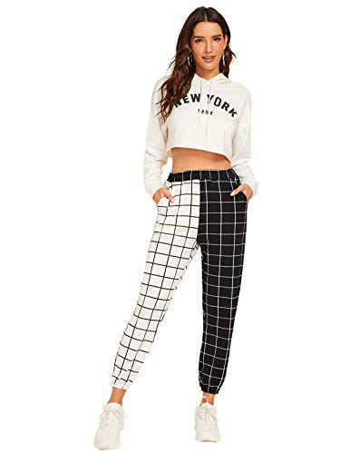 Wdirara Women's Two Tone Plaid Print Elastic Waist Fashion Straight Leg Pants Black And White S #TOP4