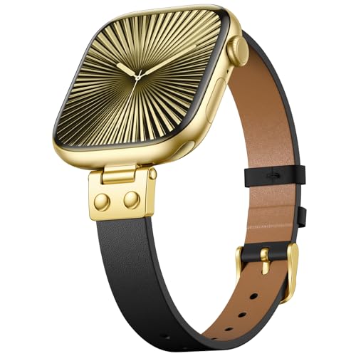 SNBLK Leather Band Compatible with Apple Watch Bands for Women 40mm 41mm 42mm 44mm 46mm 49mm 38mm 45mm, Slim Grain Genuine Leather Strap for iWatch SE Series 11/10/9/8/7/6/5/4/3/2/1, Black/G