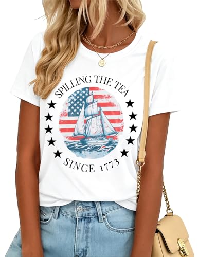 4th of July Shirts for Women Spilling The Tea Since 1773 Shirt Patriotic American Top History Teacher Tee White