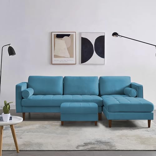 Image of Lezra RHS 4 Seater L Shape Sofa Set with Center Table for Living Room (Turquise Fabric) Premium Fabric Sofa