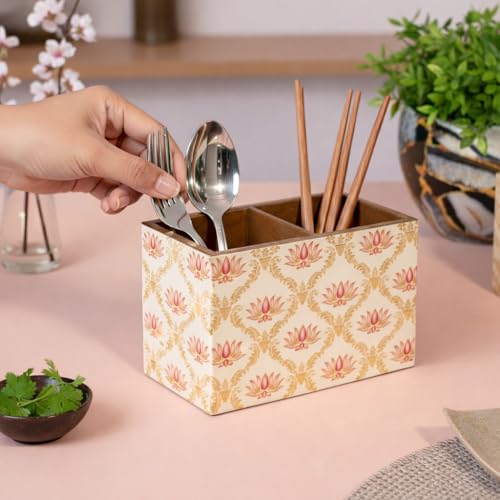Image of Wooden Cutlery Stand with 2 Sections - Spoon Stand for Kitchen & Dining Table Organizer (10x16x12 cm) - White Flower Print | Multipurpose cutlery holder for dining table, Chammach Stand