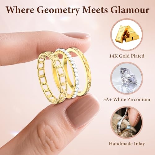 YWXTW 3 Pack 14K Gold-Plated Non Tarnish Stacking Rings for Oura Gen 4/Ultrahuman/Samsung/Diamond, Timeless Elegance White Zirconia Engagement/Promise Oura Stack Band Gift for Women2