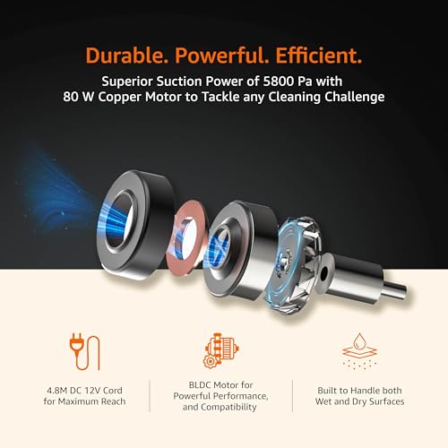 Image of Amazon Basics Car Vacuum Cleaner | Portable Handheld | 5800PA Suction | 12V DC with 4.8m(15.7ft) Cord | Powerful BLDC Motor | Stainless Steel HEPA Filter