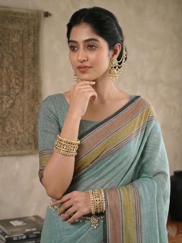 Image of SWORNOF Women's Linen Cotton Silk Saree with Unstitched Blouse Piece | Saree for Women | Saree with Blouse Piece | Soft and Skin Friendly