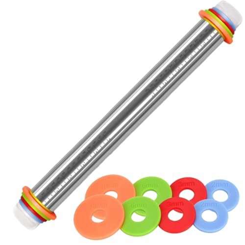 Aililong Rouleau à pâtisserie en acier inoxydable avec épaisseur de pâte réglable et rouleau à pâtisserie en acier inoxydable, accessoire de cuisson anti-adhésif avec graduations – Rouleau à