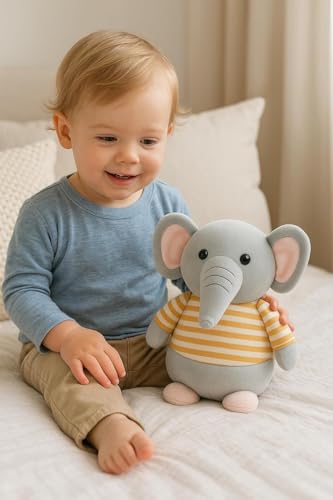 Image of Fun4you Plush Elephant Stuffed Animal Toy with Blue Striped T-Shirt, Soft Toy for Kids, Grey (Yellow)