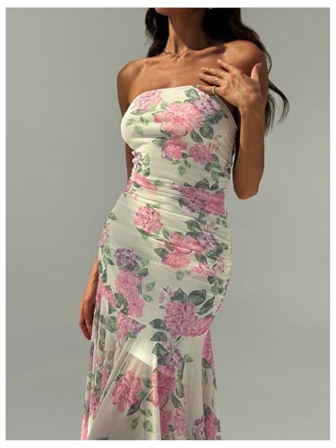 Image of Floerns Tube Tops Dress for Women Asymmetrical Stretch Sexy Ruched Long Bodycon Cocktail Evening Wedding Guest Dress