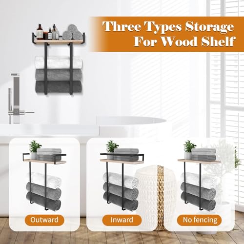 Image of HASTHIP Towel Racks for Bathroom Wall Mounted Metal Towels Holder with Wooden Shelf Folding Large Towels Towel Storage for Small Bathroom Organizer Decor or RV Camping
