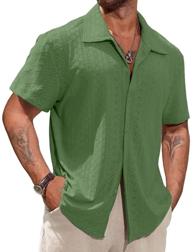 Vssjavun Mens Short Sleeve Button Down Shirts Casual Hollow Out Summer Beach Shirt