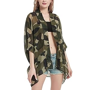 Women’s Kimono Cardigans Camouflage Sheer Chiffon Blouse Boho Wrap Casual Coverup Loose Tops