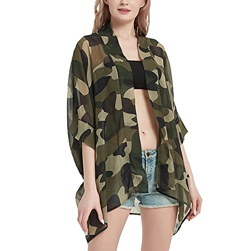 Women's Kimono Cardigans Camouflage Sheer Chiffon Blouse Boho Wrap Casual Coverup Loose Tops