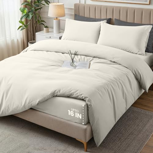 Bedding Duvet Cover Queen with Fitted Sheet (60x80) - 2 Pillow Case Standard - All Season Luxury Bed in a Bag with Zippered Duvet Cover - No Comforter (Ivory)