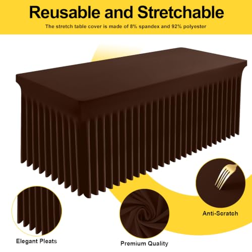 Image of Smiry 2 Pack Spandex Elastic Fitted Table Cloth Skirt for 8FT Table | Stretch Washable Table Cloth, Banquet Table Cover for Wedding, Party, Indoor & Trade Shows, (Coffee, 96Lx30Wx30H)
