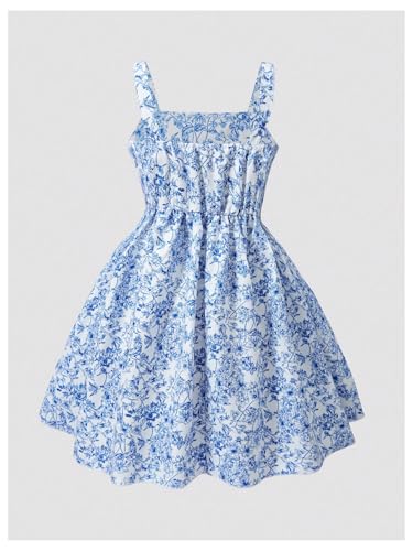 SHENHE Girl's Floral Print Sleeveless Summer Dress Ruched A Line Flowy Boho Sundress2
