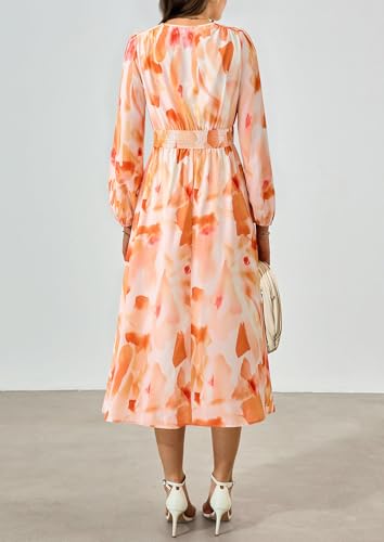 PRETTYGARDEN Women's Floral Midi Dress Casual Fall V Neck Long Sleeve Flowy Spring Beach Wedding Guest Vacation Dresses