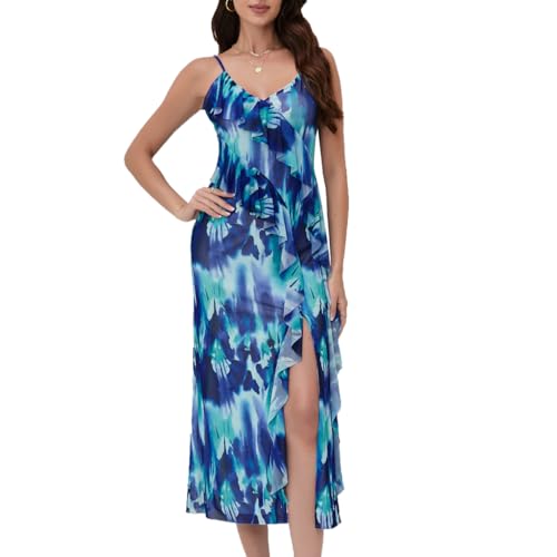 Image of Women's Spaghetti Strap Ruffle Side Split Long Dress Bodycon Beach Maxi Dresses